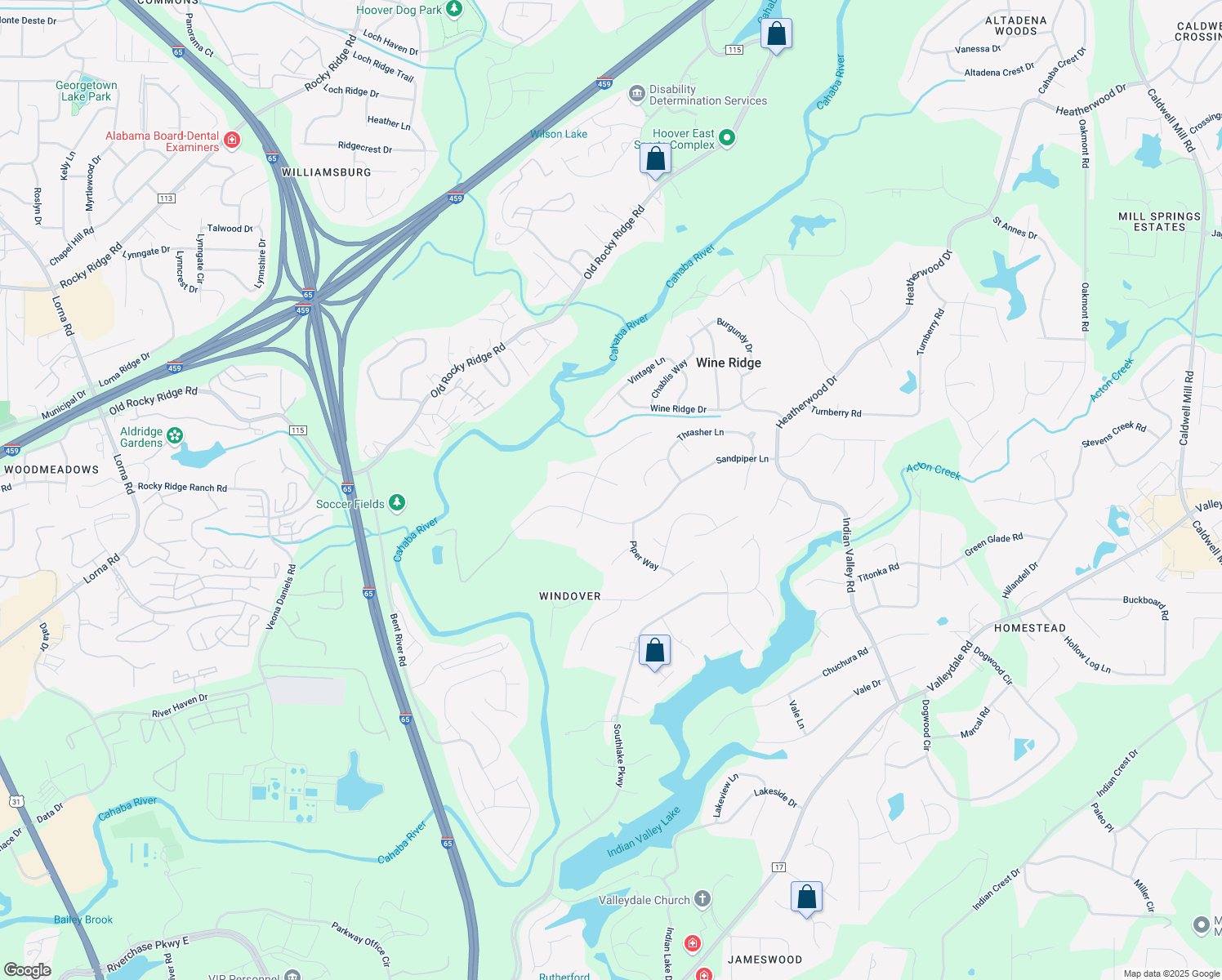 map of restaurants, bars, coffee shops, grocery stores, and more near 4539 Cayce Lane in Birmingham