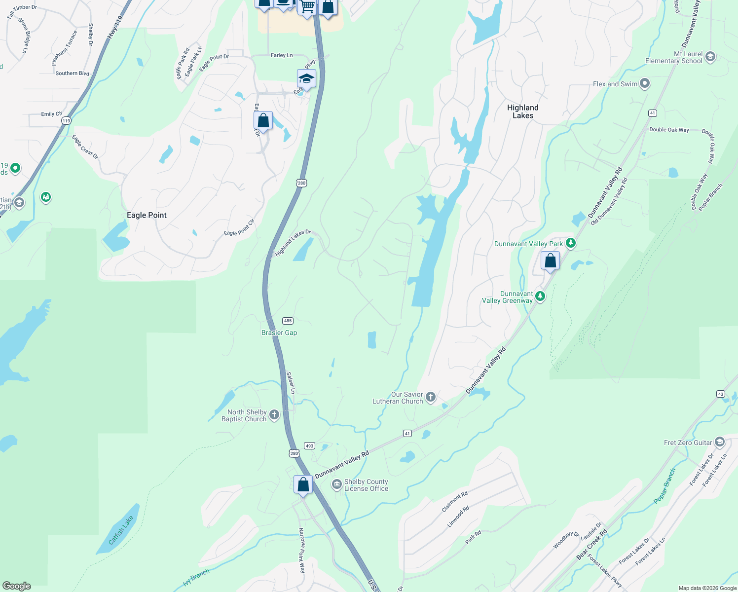 map of restaurants, bars, coffee shops, grocery stores, and more near 1031 Highland Lakes Trce in Birmingham
