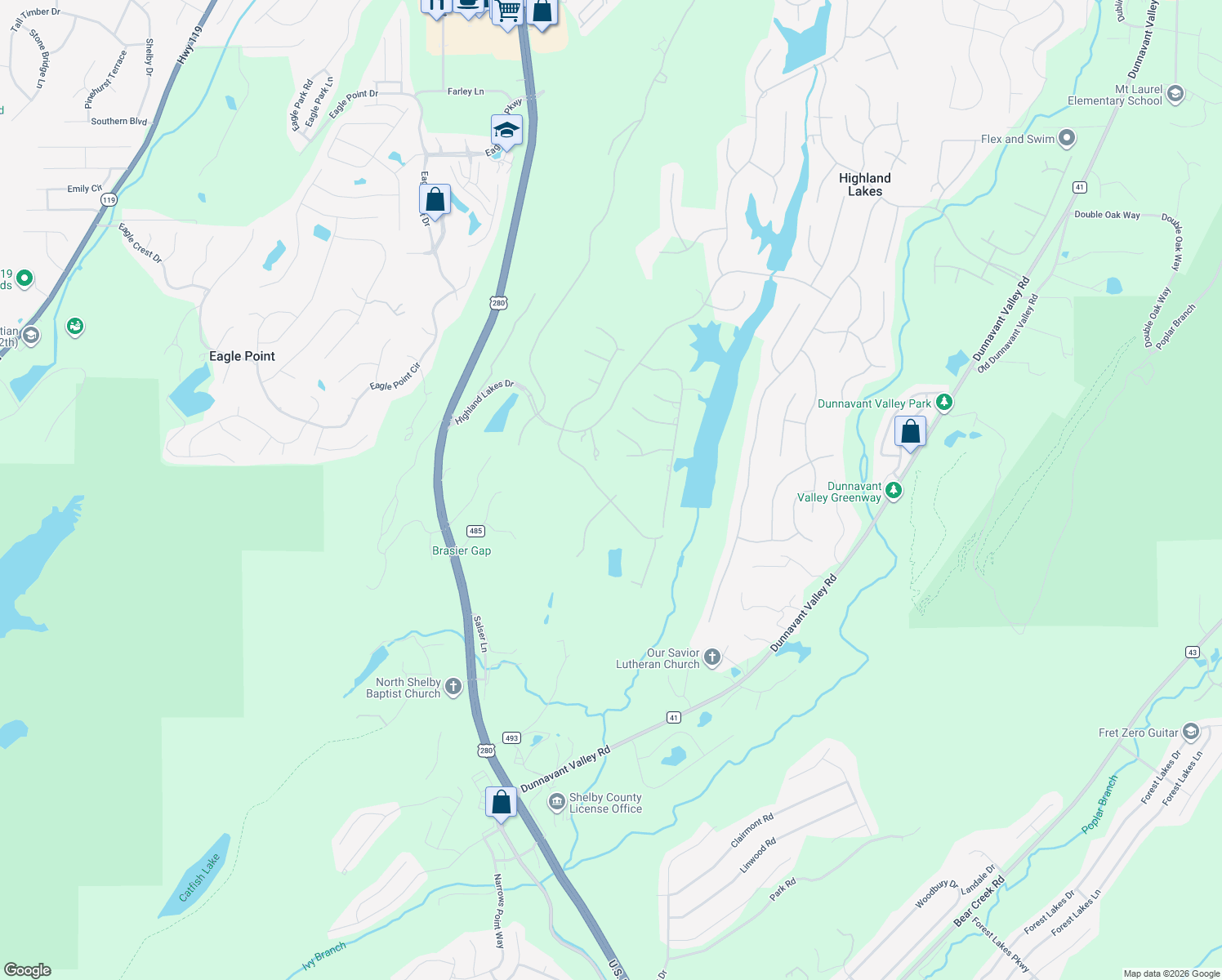 map of restaurants, bars, coffee shops, grocery stores, and more near 1031 Highland Lakes Trce in Birmingham