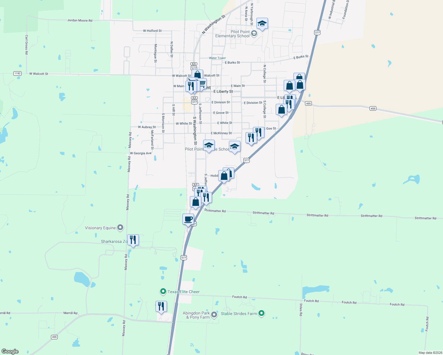 map of restaurants, bars, coffee shops, grocery stores, and more near 251 Holiday Street in Pilot Point