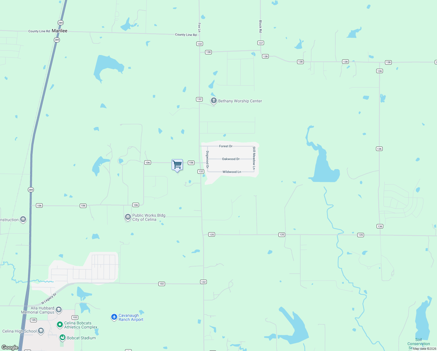 map of restaurants, bars, coffee shops, grocery stores, and more near 2807 Wildwood Ln in Celina