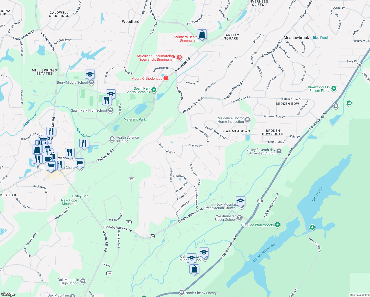 map of restaurants, bars, coffee shops, grocery stores, and more near 5612 Tamarac Trce in Birmingham