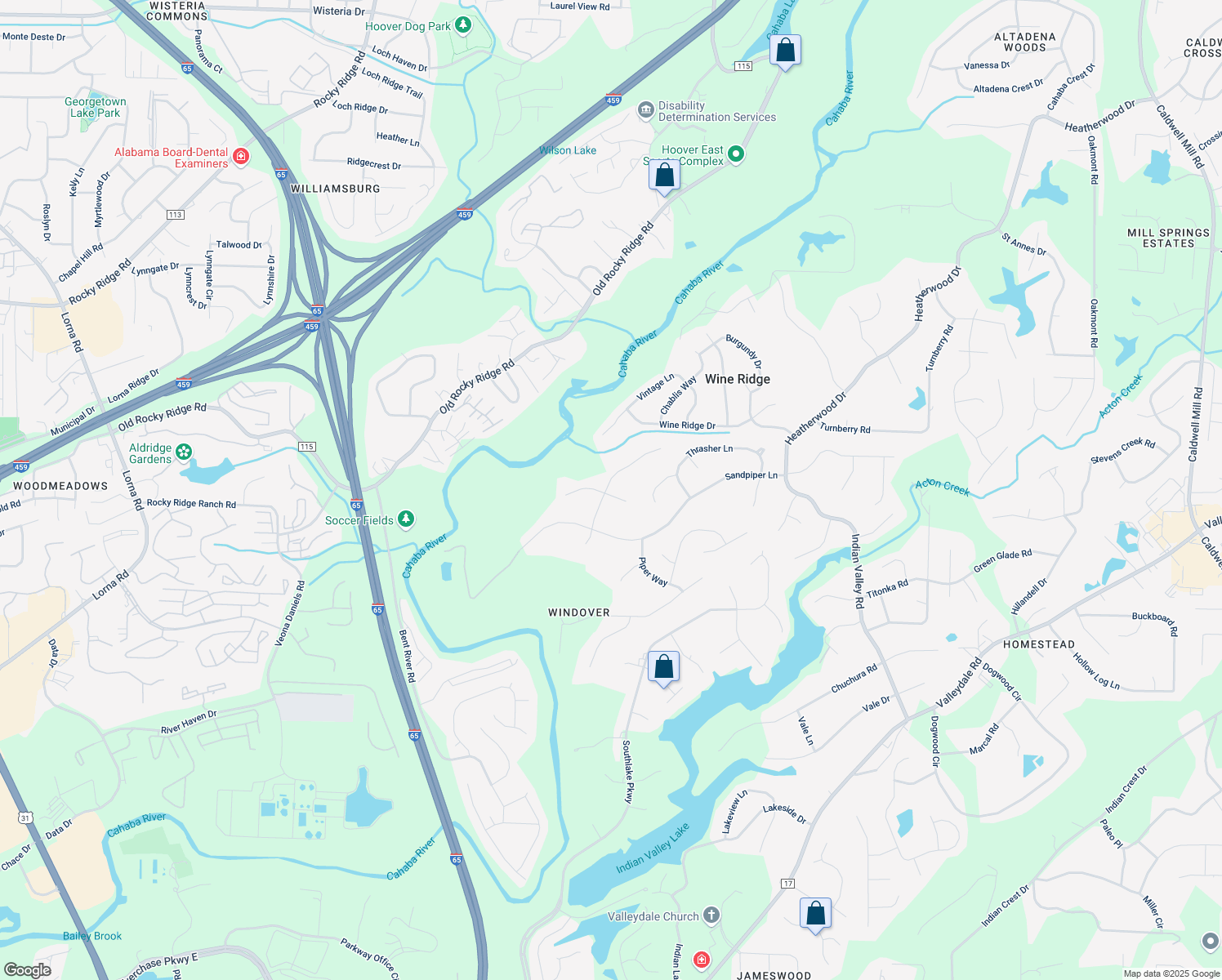 map of restaurants, bars, coffee shops, grocery stores, and more near 4539 Cayce Lane in Birmingham