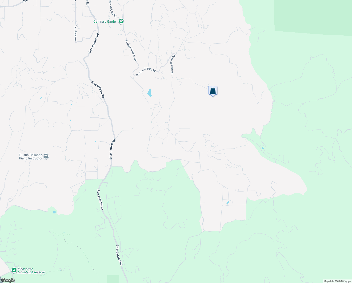 map of restaurants, bars, coffee shops, grocery stores, and more near Rainbow Crest Road in San Diego County