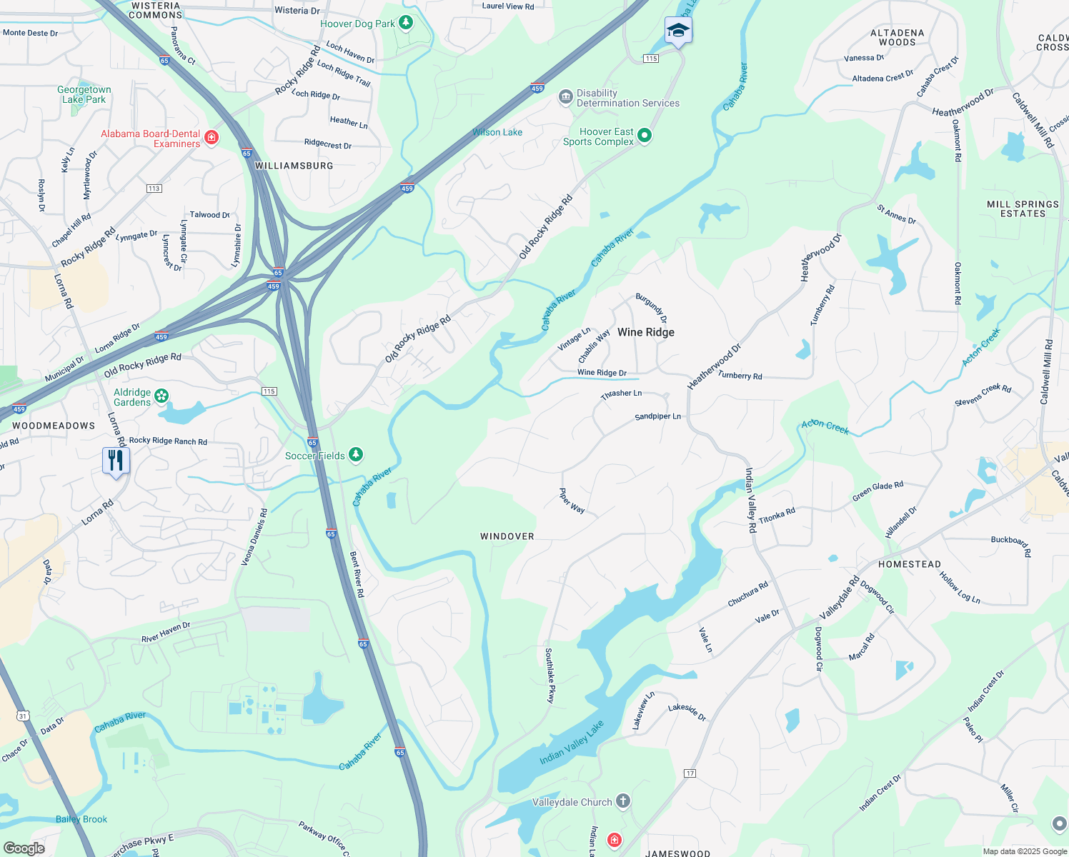 map of restaurants, bars, coffee shops, grocery stores, and more near 4539 Cayce Lane in Birmingham