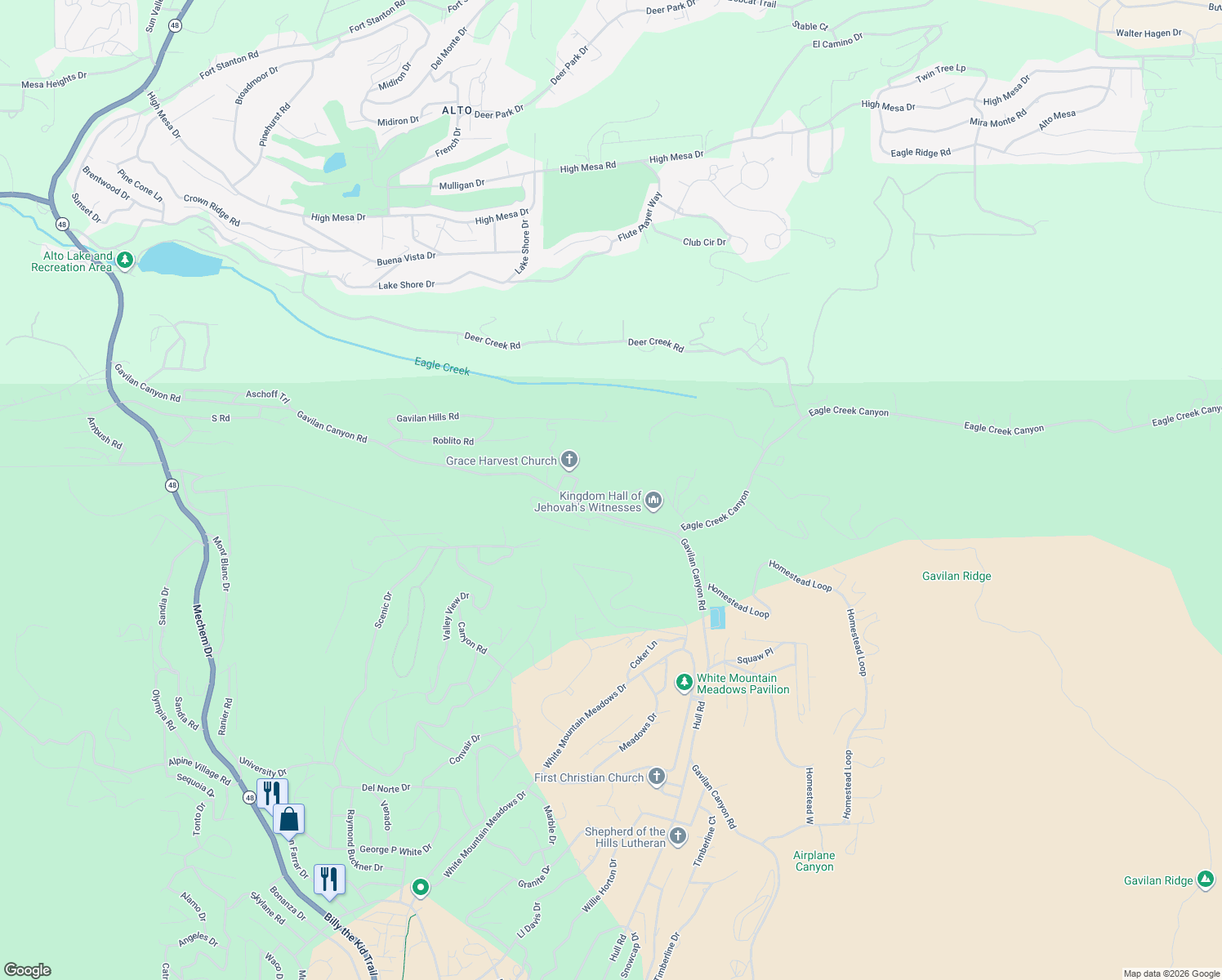 map of restaurants, bars, coffee shops, grocery stores, and more near Gavilan Canyon Road in Ruidoso