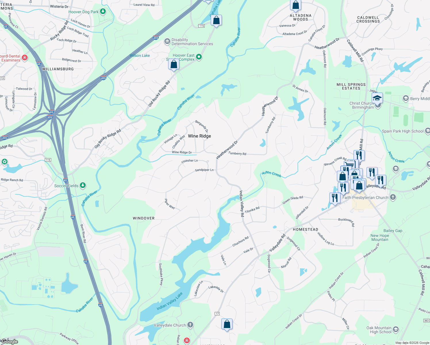 map of restaurants, bars, coffee shops, grocery stores, and more near 4856 Indian Valley Road in Hoover