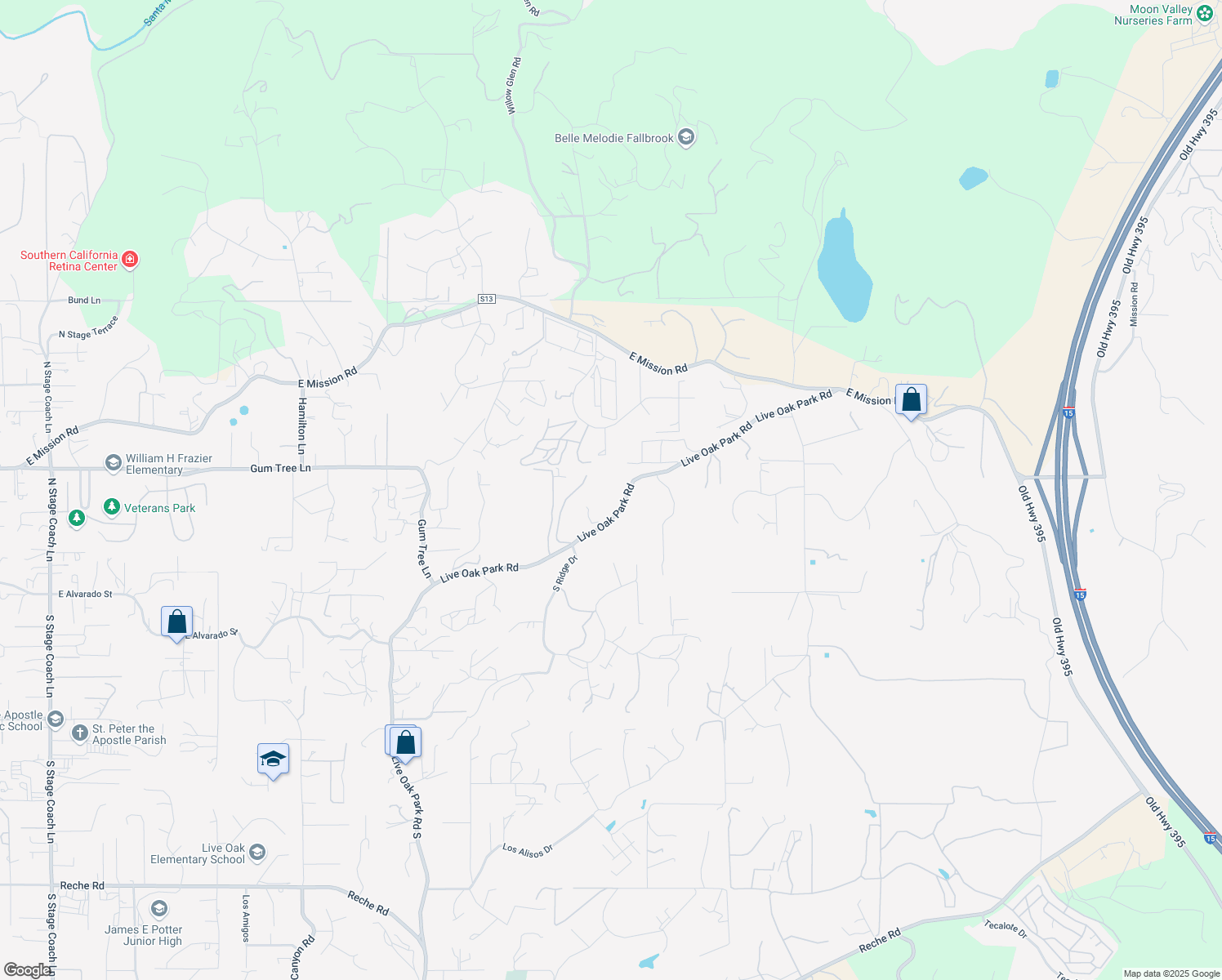 map of restaurants, bars, coffee shops, grocery stores, and more near 3064 Live Oak Park Road in Fallbrook