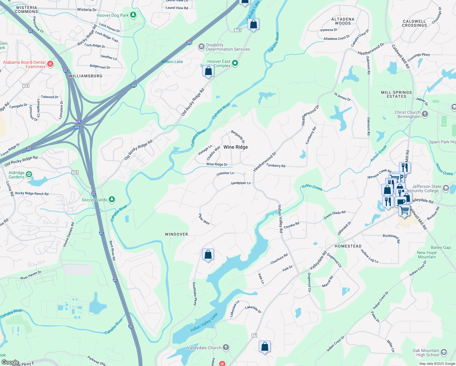 map of restaurants, bars, coffee shops, grocery stores, and more near 3055 Skylark Circle in Birmingham