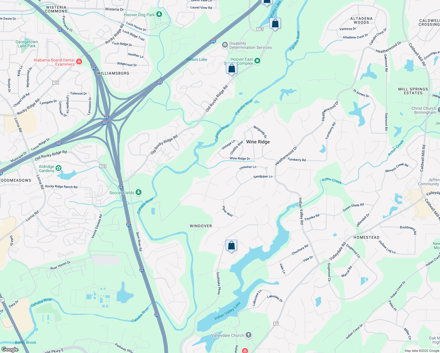 map of restaurants, bars, coffee shops, grocery stores, and more near 5345 Riverbend Trail in Birmingham