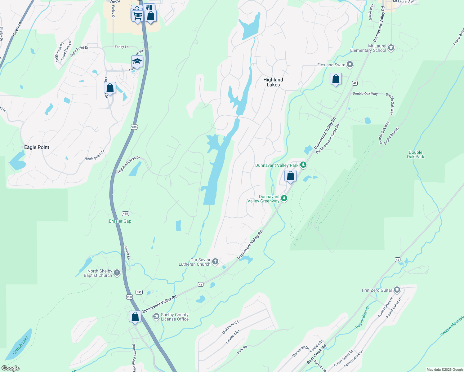 map of restaurants, bars, coffee shops, grocery stores, and more near 259 Highland Park Drive in Birmingham