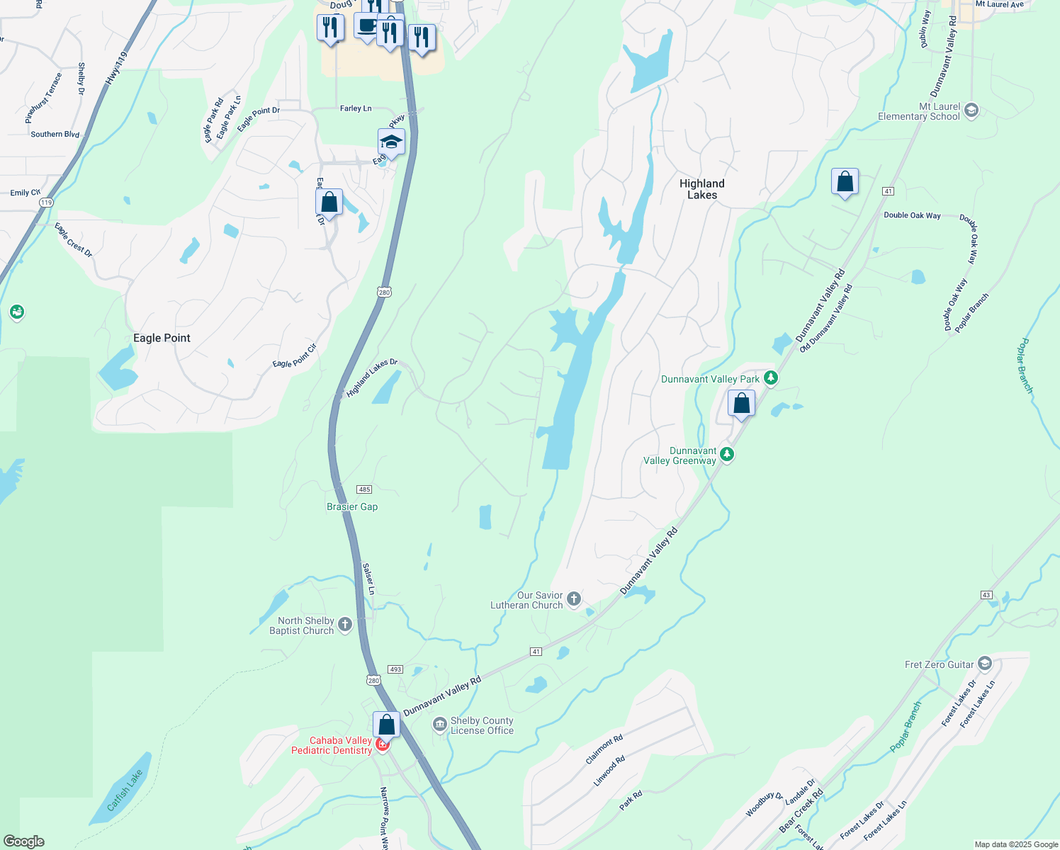 map of restaurants, bars, coffee shops, grocery stores, and more near 674 Highland Lakes Cove in Birmingham