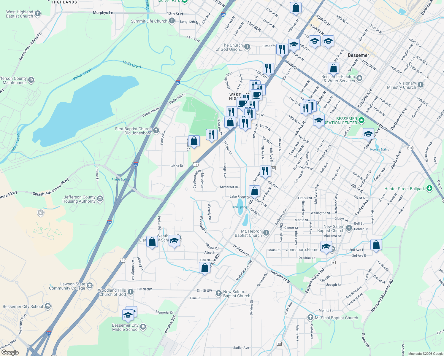 map of restaurants, bars, coffee shops, grocery stores, and more near 328 Ridge Avenue in Bessemer