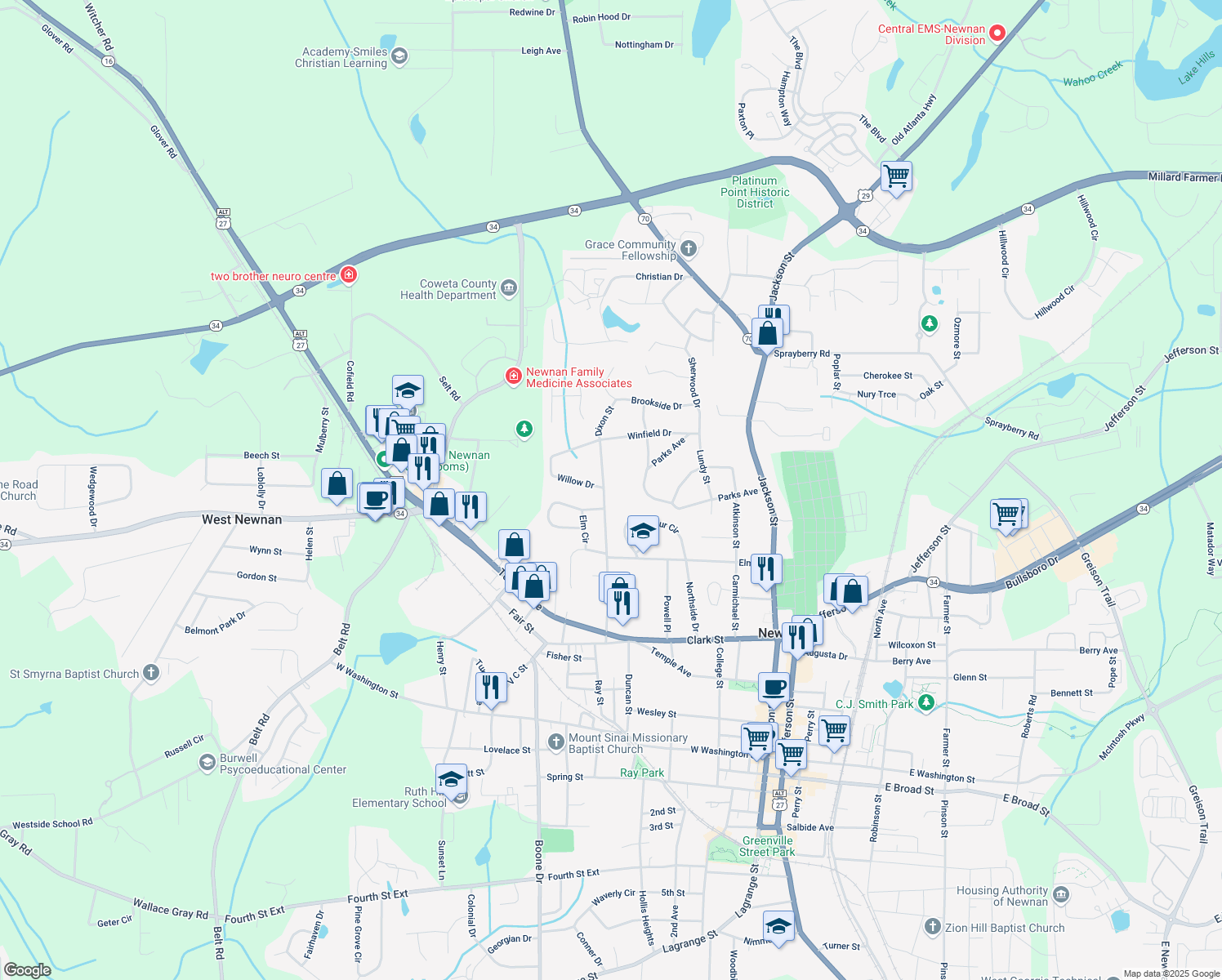 map of restaurants, bars, coffee shops, grocery stores, and more near 47 Dixon St in Newnan