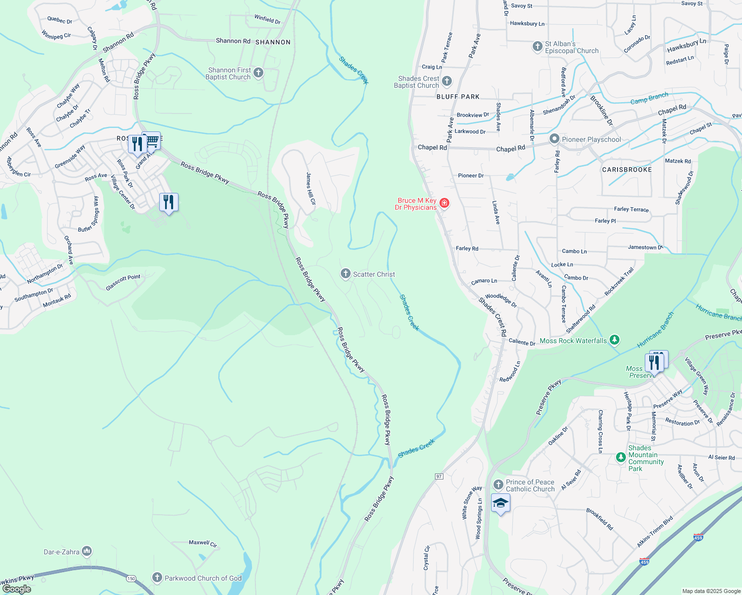 map of restaurants, bars, coffee shops, grocery stores, and more near 1336 Haddon Trail in Hoover