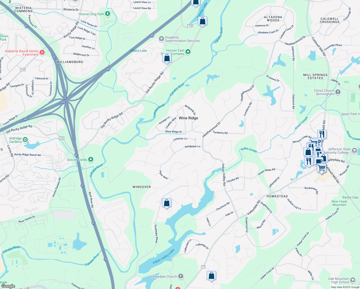 map of restaurants, bars, coffee shops, grocery stores, and more near 3055 Skylark Circle in Birmingham