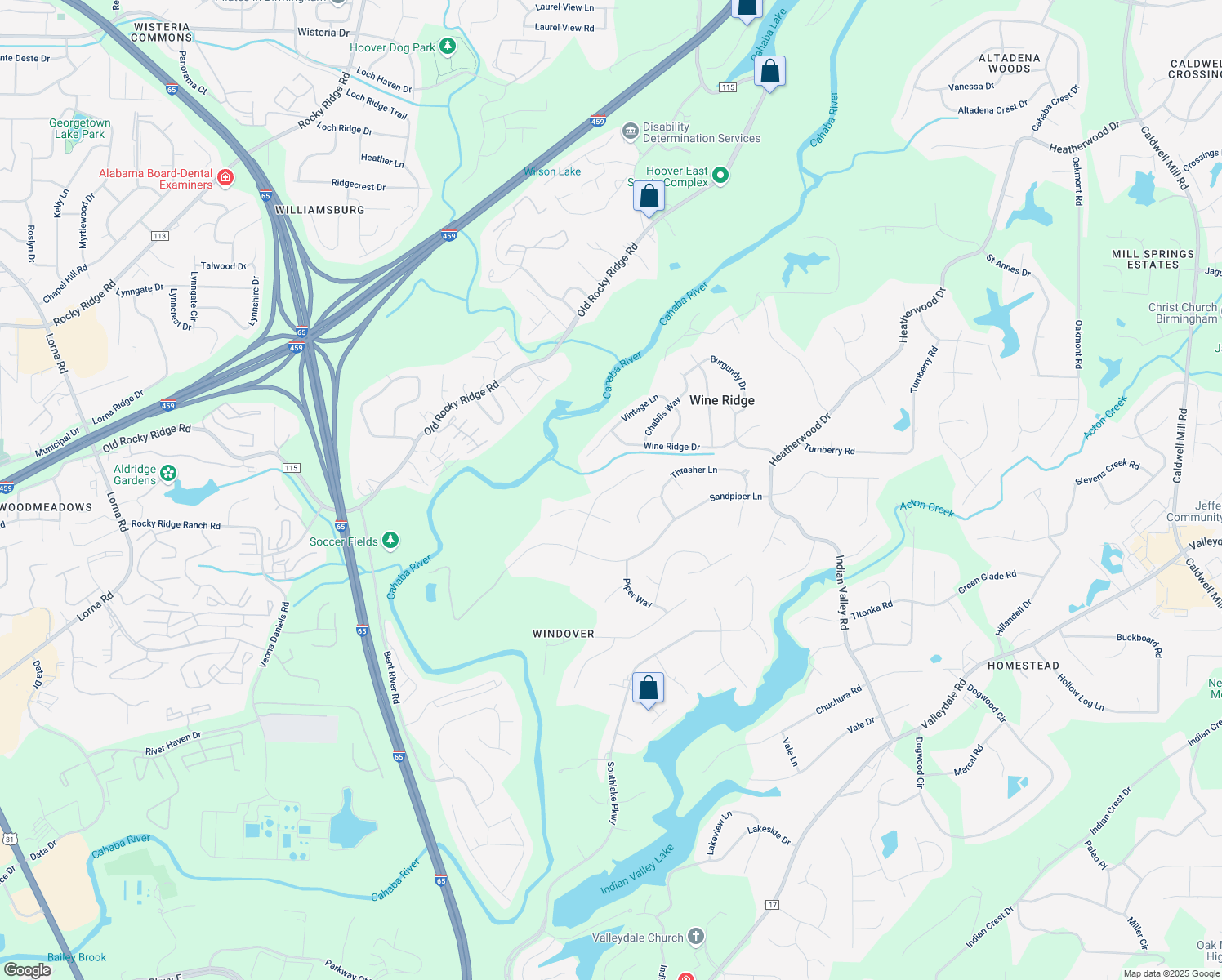 map of restaurants, bars, coffee shops, grocery stores, and more near 5345 Riverbend Trail in Birmingham