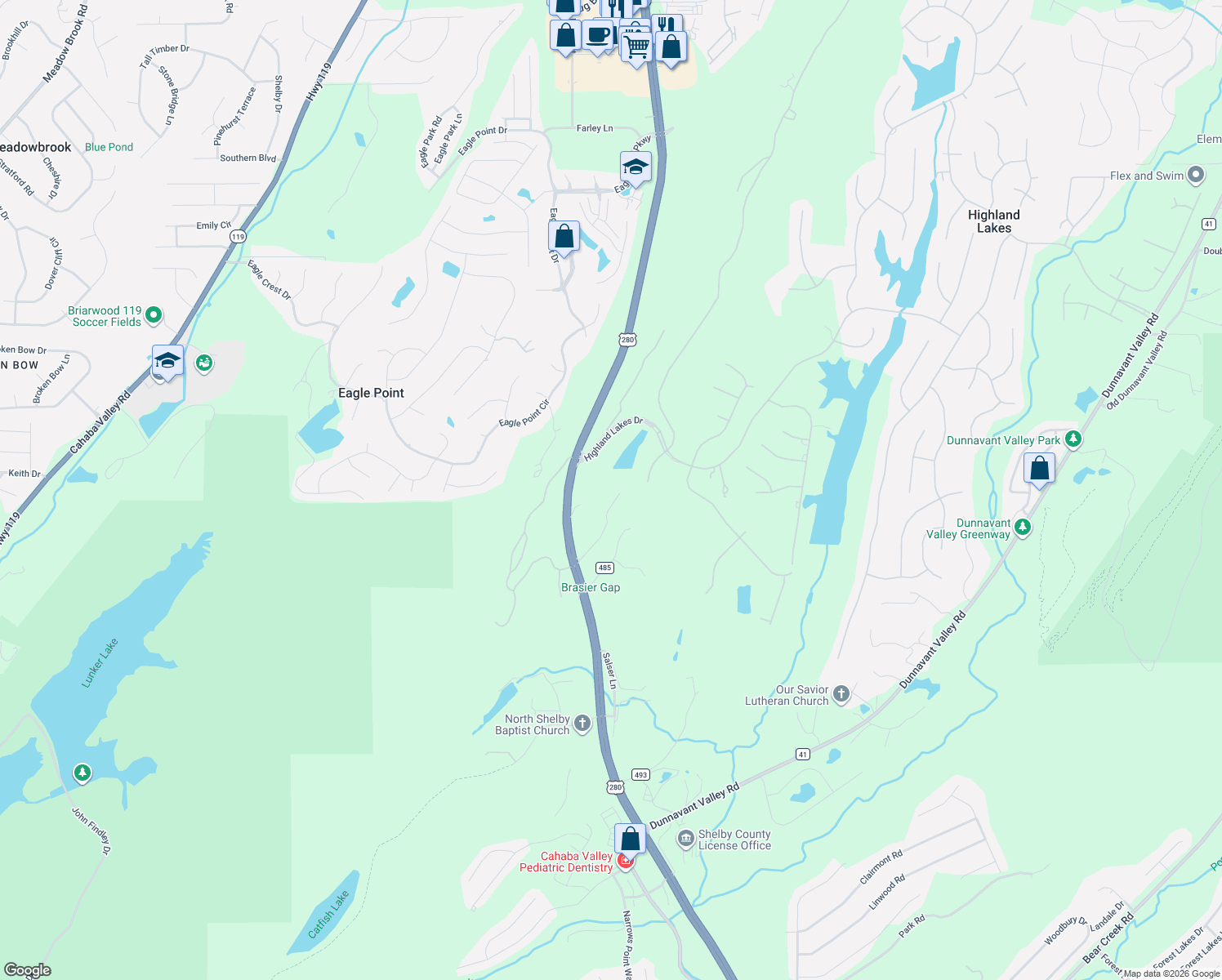 map of restaurants, bars, coffee shops, grocery stores, and more near 4200 Seven Bark Road in Birmingham
