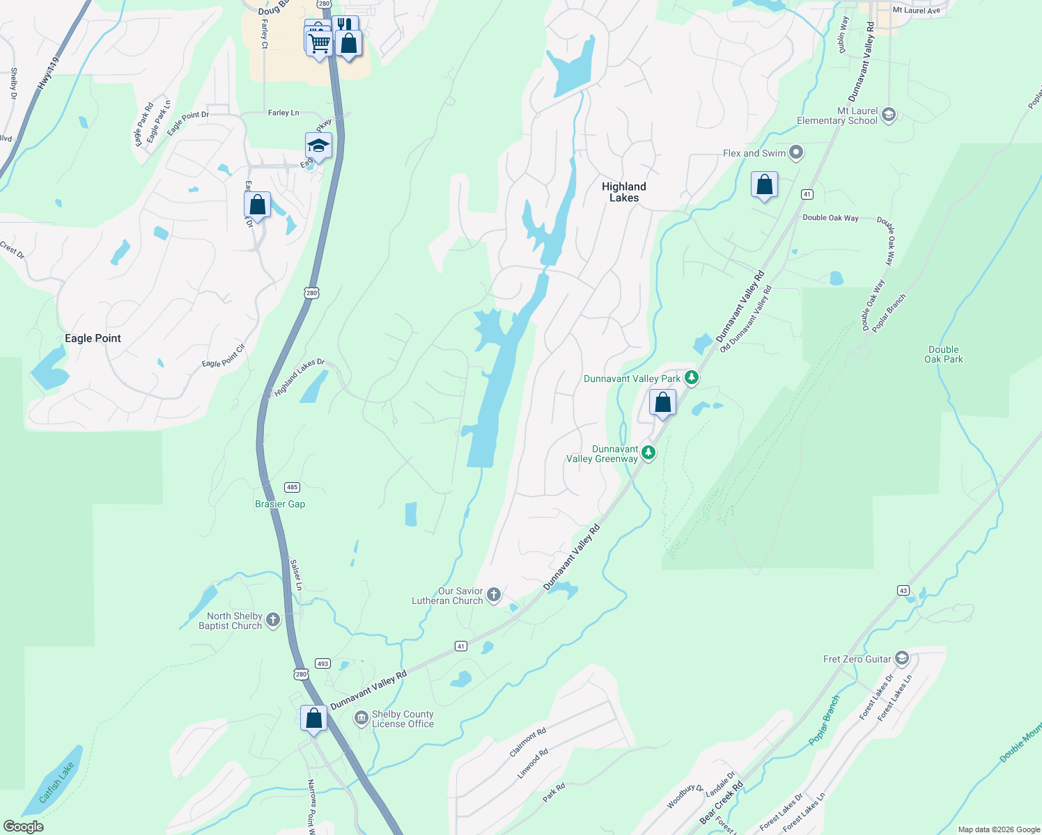 map of restaurants, bars, coffee shops, grocery stores, and more near 259 Highland Park Drive in Birmingham