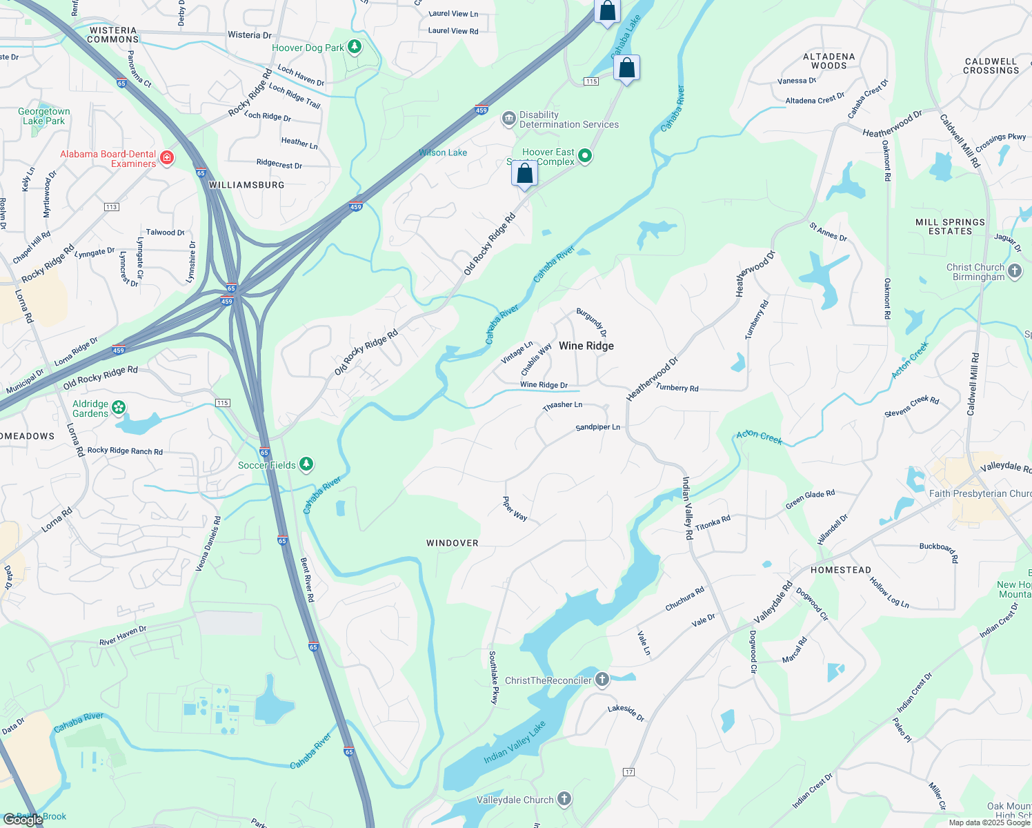 map of restaurants, bars, coffee shops, grocery stores, and more near 5361 Riverbend Trail in Hoover