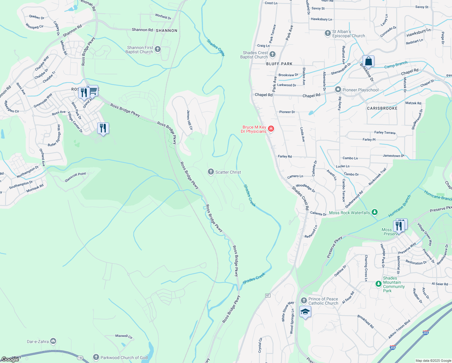 map of restaurants, bars, coffee shops, grocery stores, and more near 1336 Haddon Trail in Hoover