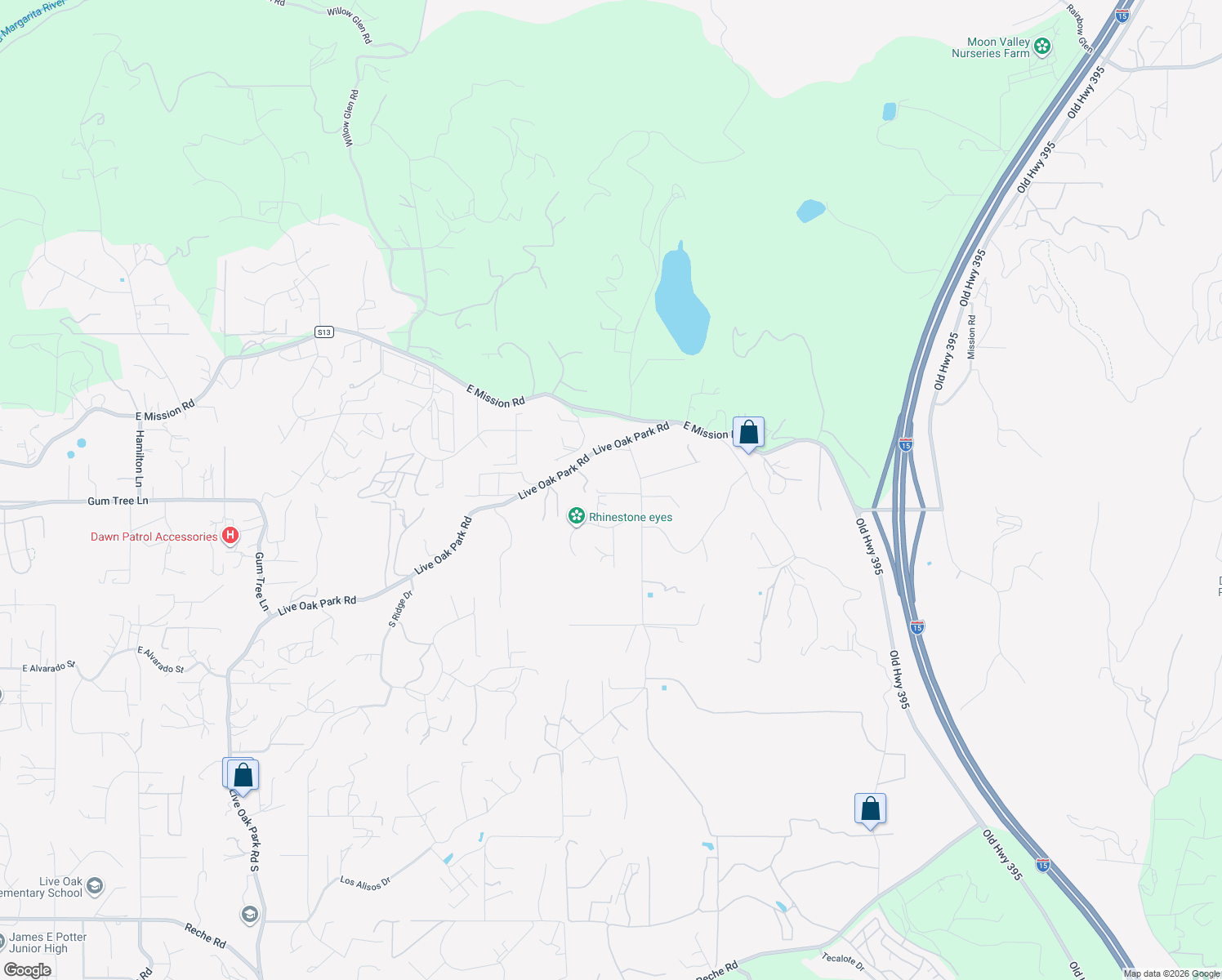 map of restaurants, bars, coffee shops, grocery stores, and more near 145 Yucca Road in Fallbrook