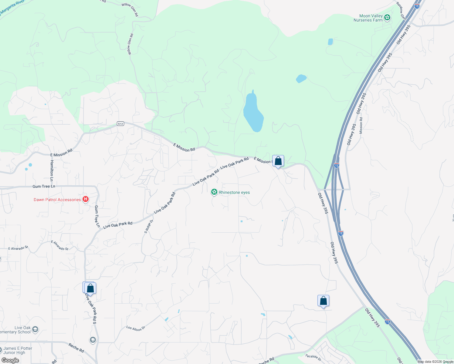 map of restaurants, bars, coffee shops, grocery stores, and more near 145 Yucca Road in Fallbrook
