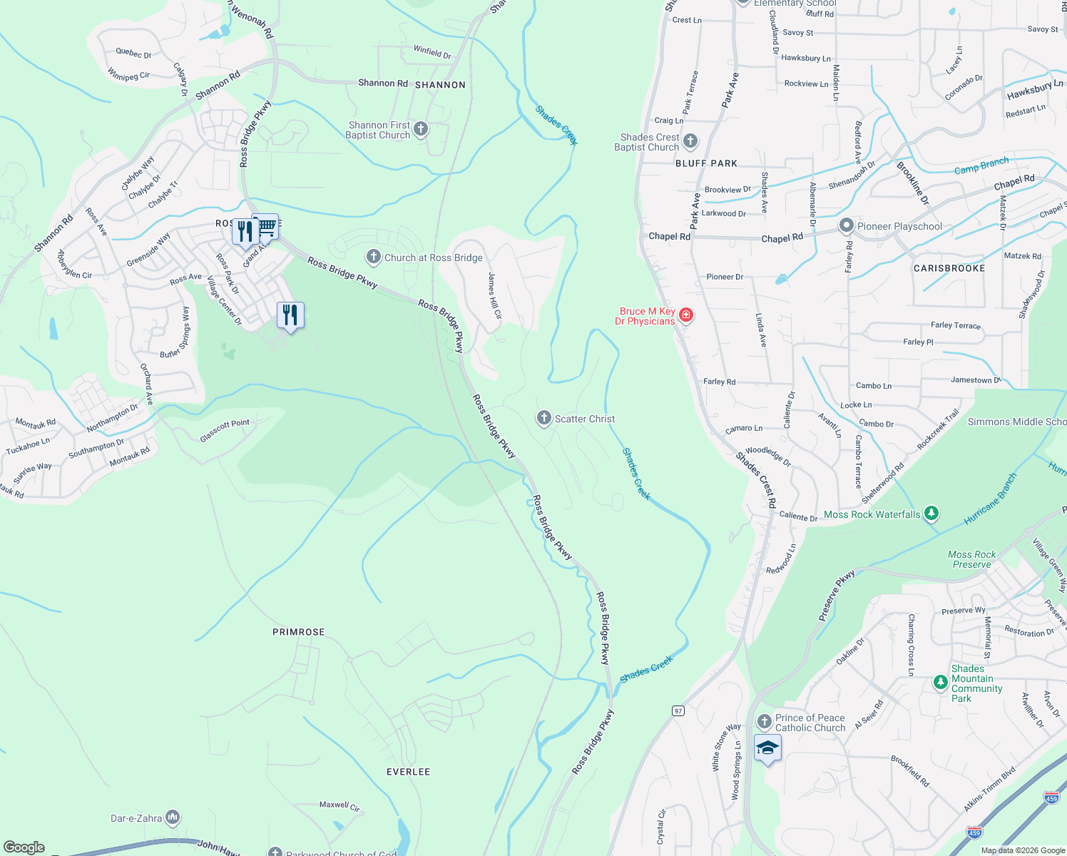 map of restaurants, bars, coffee shops, grocery stores, and more near 1573 Haddon Drive in Hoover