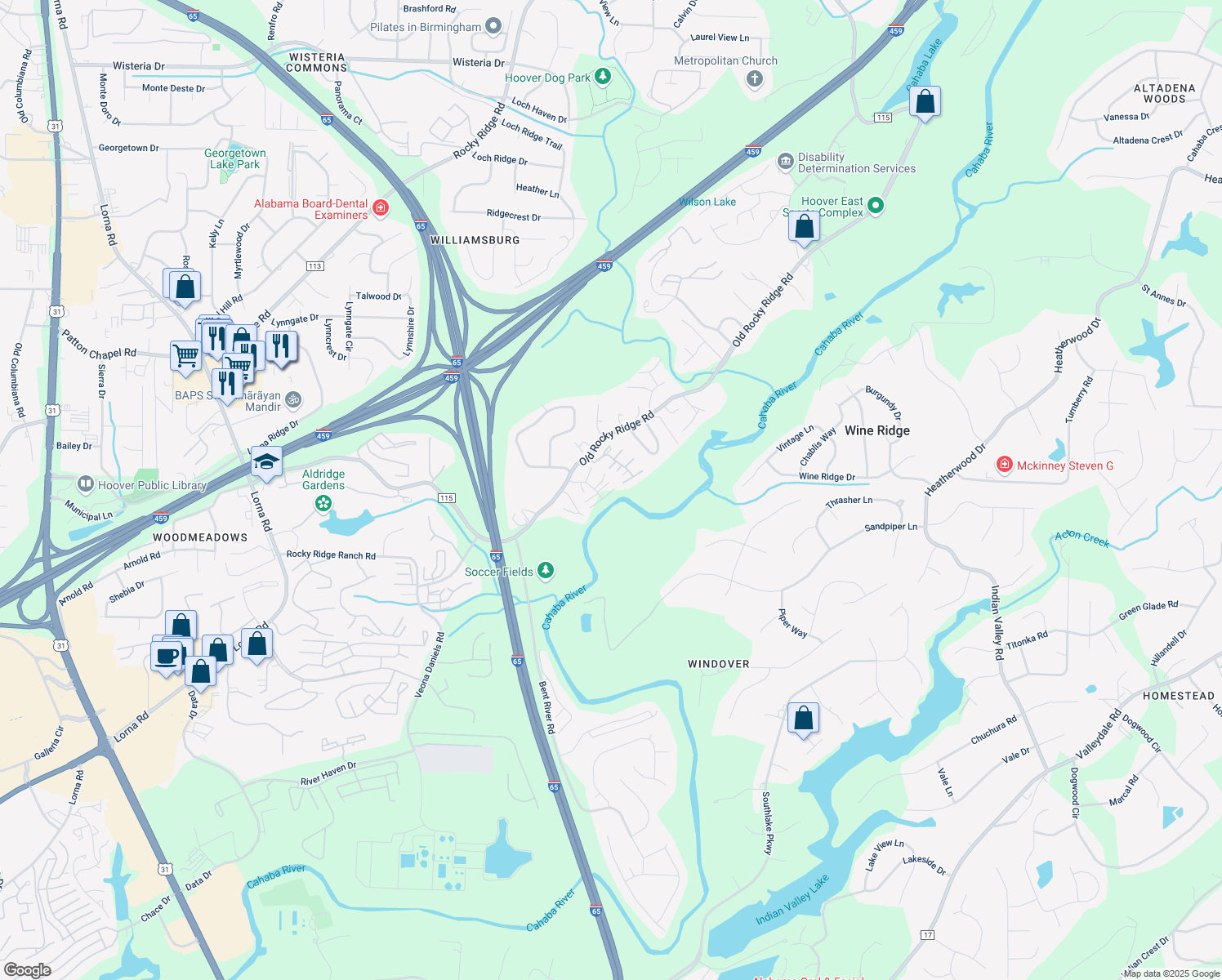 map of restaurants, bars, coffee shops, grocery stores, and more near 2400 Mallard Drive in Birmingham