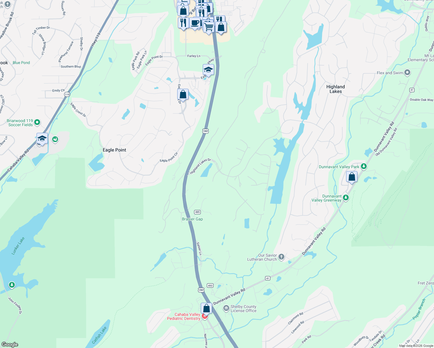 map of restaurants, bars, coffee shops, grocery stores, and more near 106 Swan Lake Circle in Birmingham