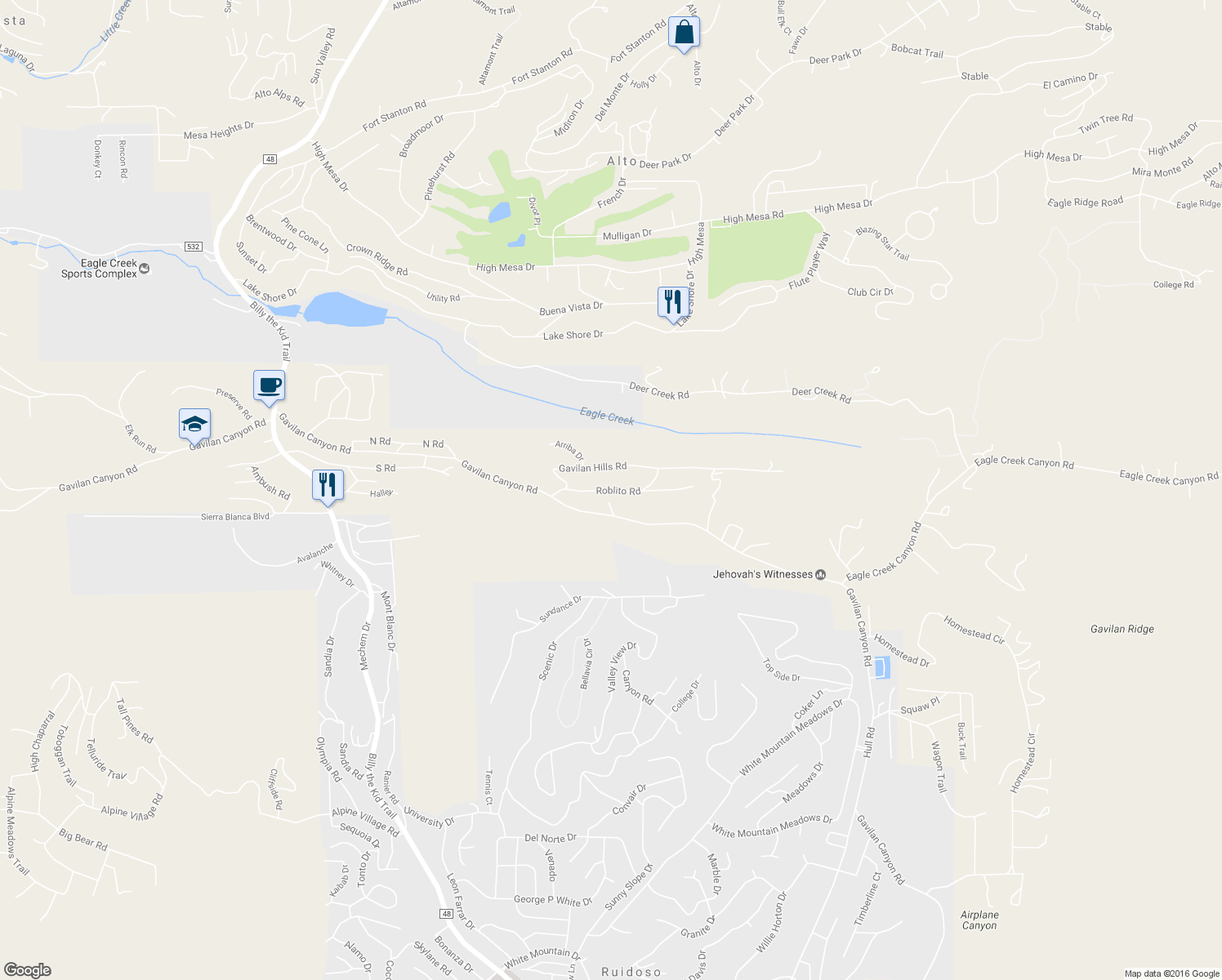 map of restaurants, bars, coffee shops, grocery stores, and more near Roblito Road in Ruidoso