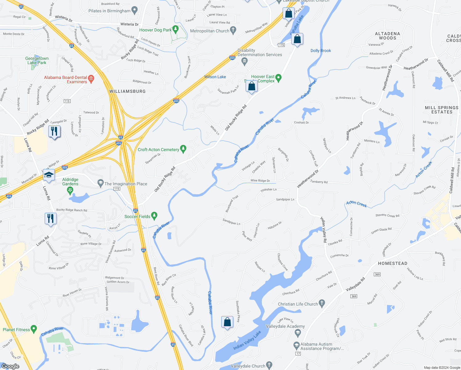 map of restaurants, bars, coffee shops, grocery stores, and more near 4752 Vintage Lane in Birmingham