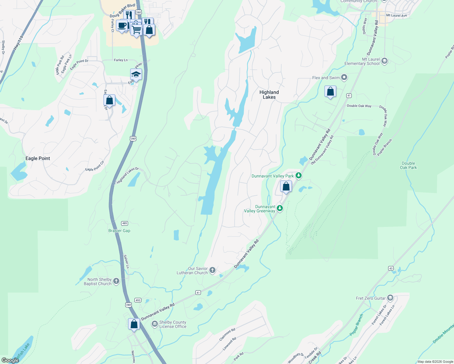 map of restaurants, bars, coffee shops, grocery stores, and more near 234 Highland Park Drive in Birmingham