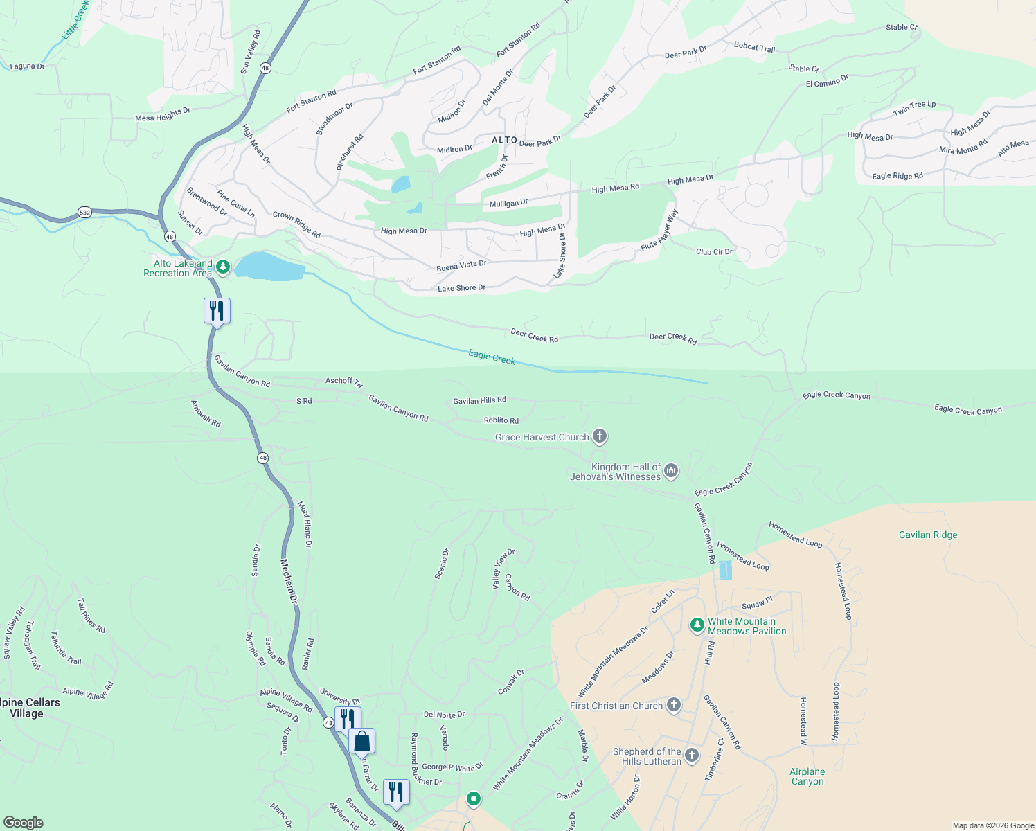 map of restaurants, bars, coffee shops, grocery stores, and more near Roblito Rd in Ruidoso