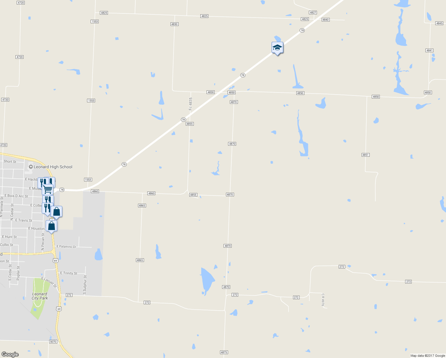map of restaurants, bars, coffee shops, grocery stores, and more near 1213 County Road 4870 in Leonard