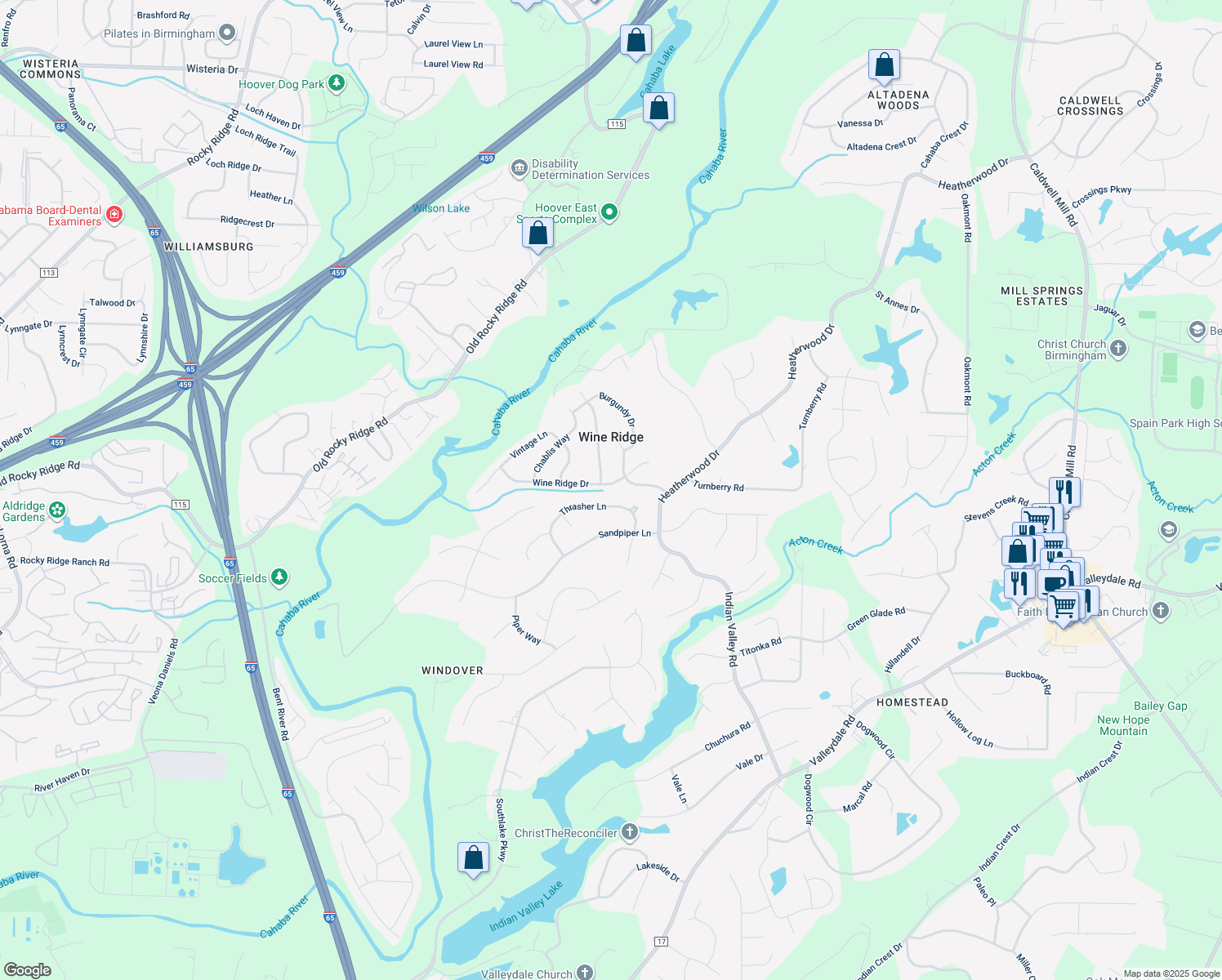 map of restaurants, bars, coffee shops, grocery stores, and more near 2429 Wine Ridge Drive in Birmingham