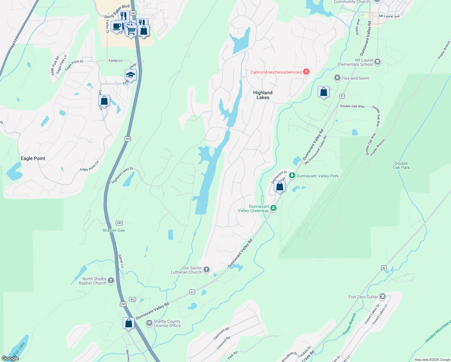 map of restaurants, bars, coffee shops, grocery stores, and more near 234 Highland Park Drive in Birmingham