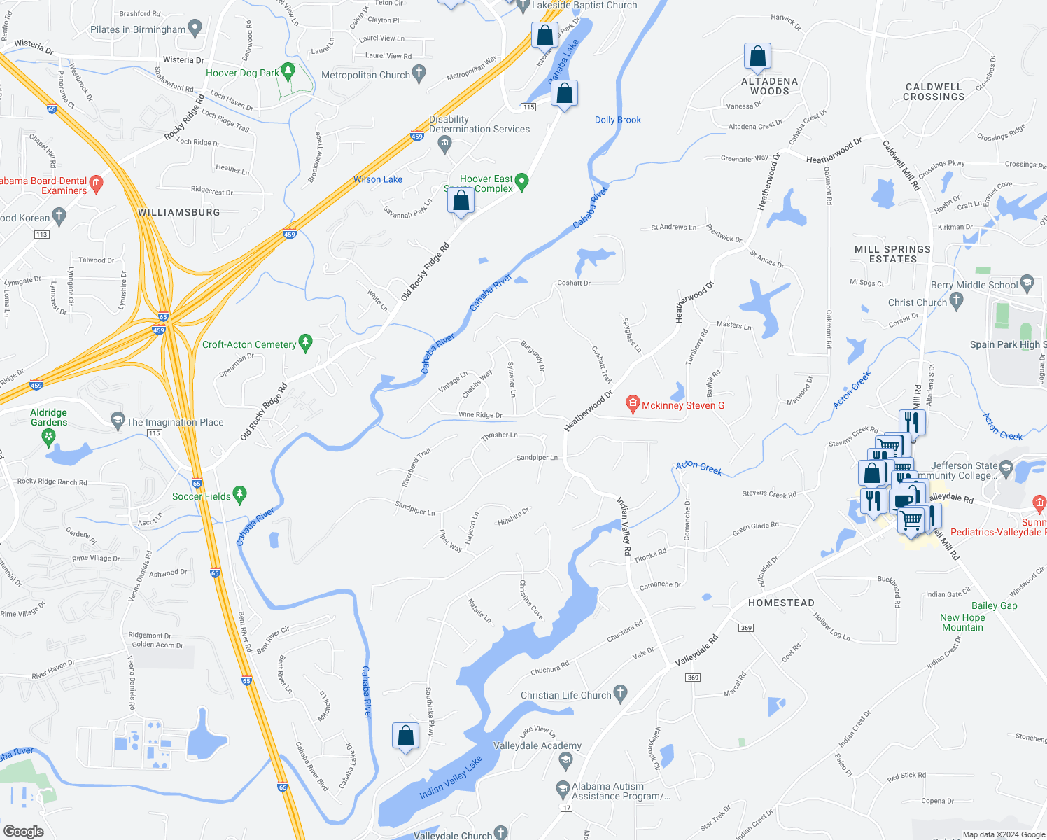 map of restaurants, bars, coffee shops, grocery stores, and more near 2429 Wine Ridge Drive in Birmingham
