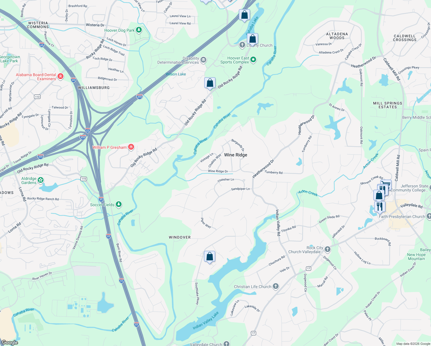 map of restaurants, bars, coffee shops, grocery stores, and more near 2399 Wine Ridge Drive in Birmingham