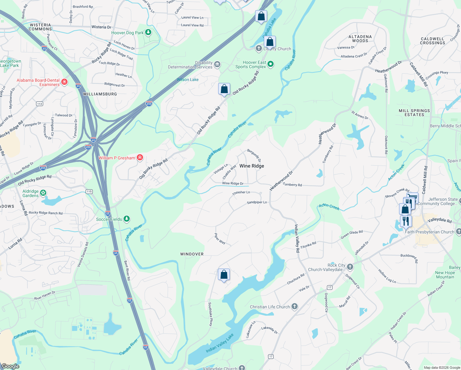 map of restaurants, bars, coffee shops, grocery stores, and more near 2399 Wine Ridge Drive in Birmingham