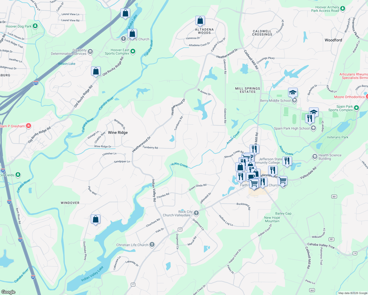 map of restaurants, bars, coffee shops, grocery stores, and more near 635 Bayhill Road in Birmingham