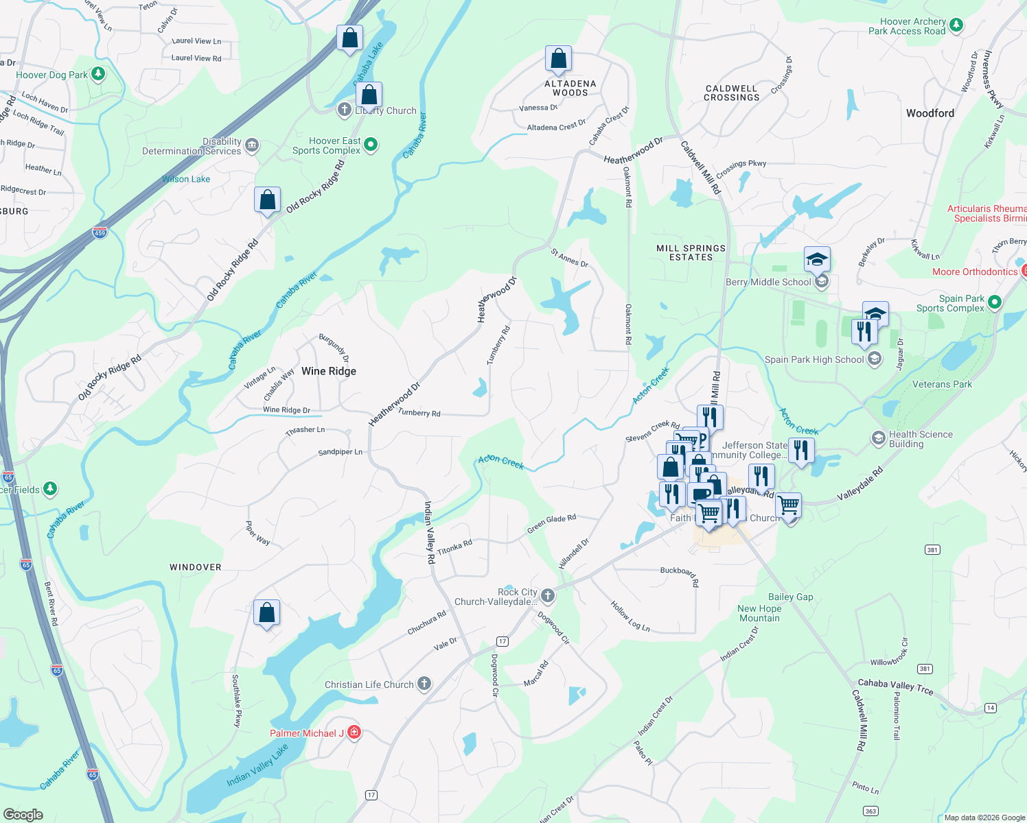 map of restaurants, bars, coffee shops, grocery stores, and more near 635 Bayhill Road in Birmingham