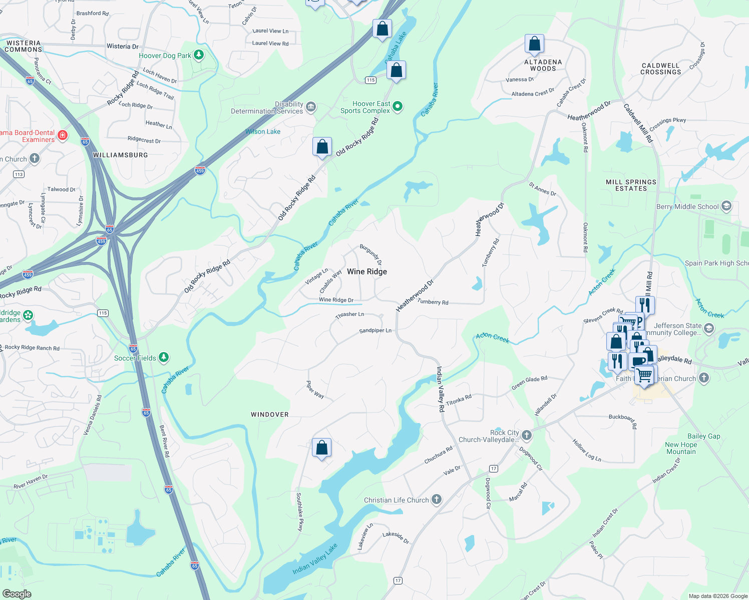 map of restaurants, bars, coffee shops, grocery stores, and more near 2429 Wine Ridge Drive in Birmingham