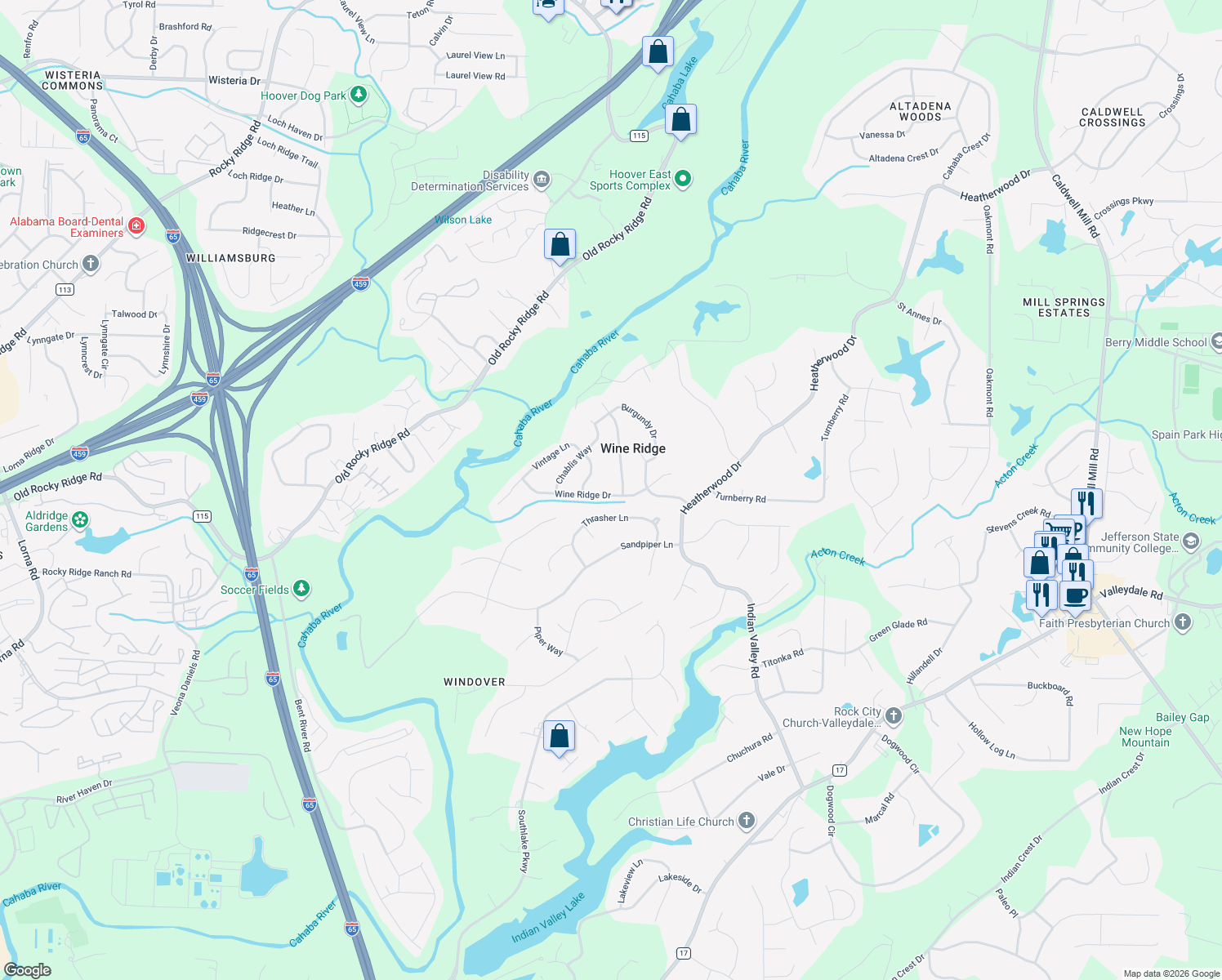 map of restaurants, bars, coffee shops, grocery stores, and more near 2417 Wine Ridge Drive in Birmingham