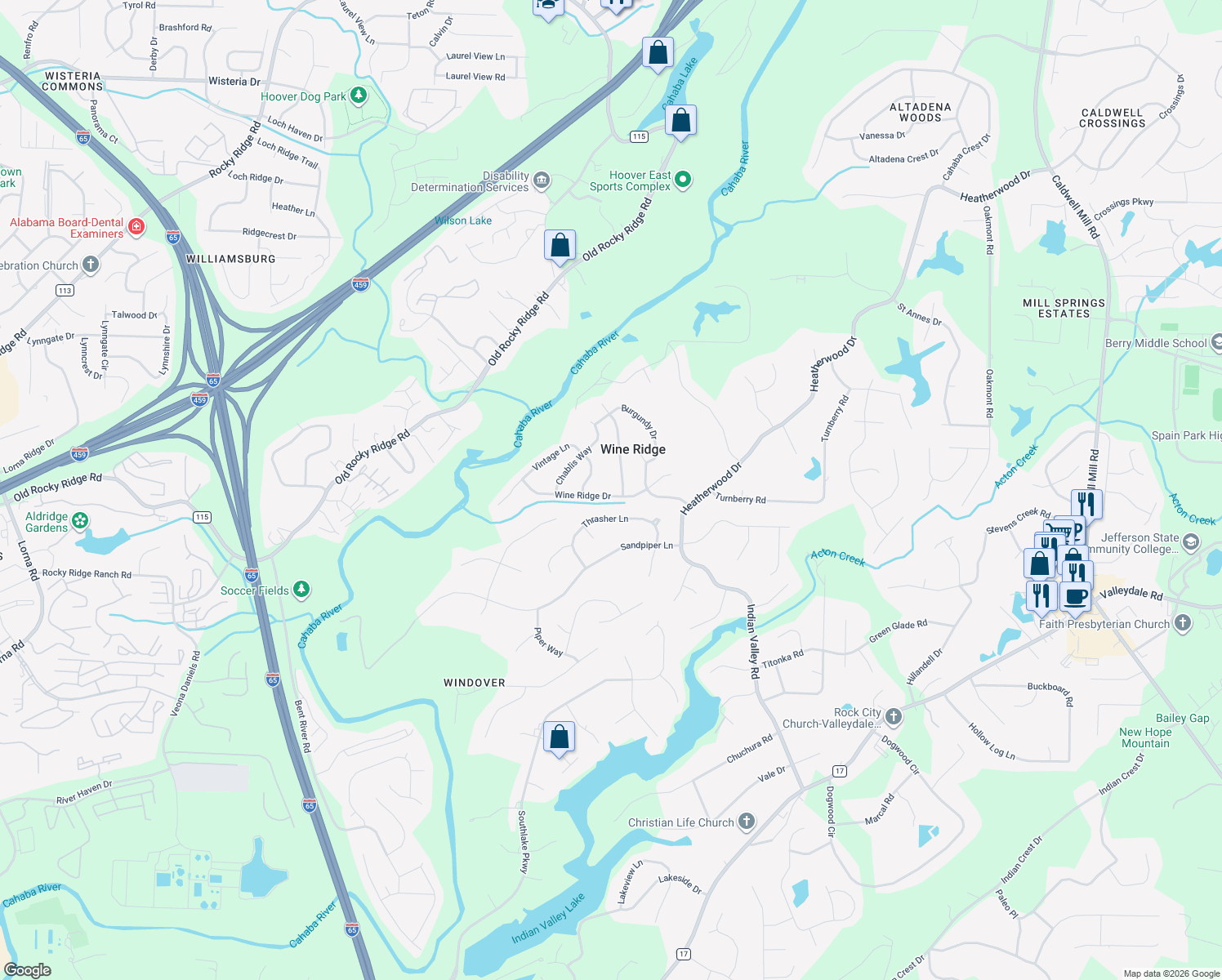 map of restaurants, bars, coffee shops, grocery stores, and more near 2417 Wine Ridge Drive in Birmingham