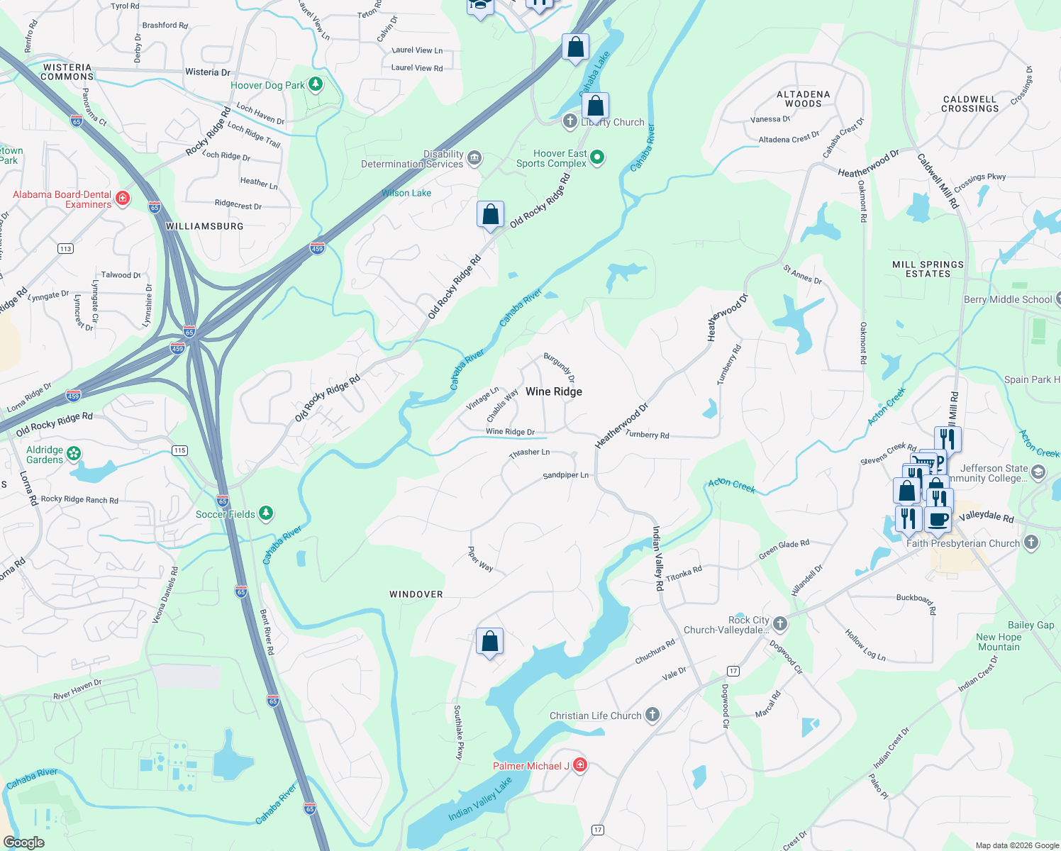 map of restaurants, bars, coffee shops, grocery stores, and more near 2417 Wine Ridge Drive in Birmingham