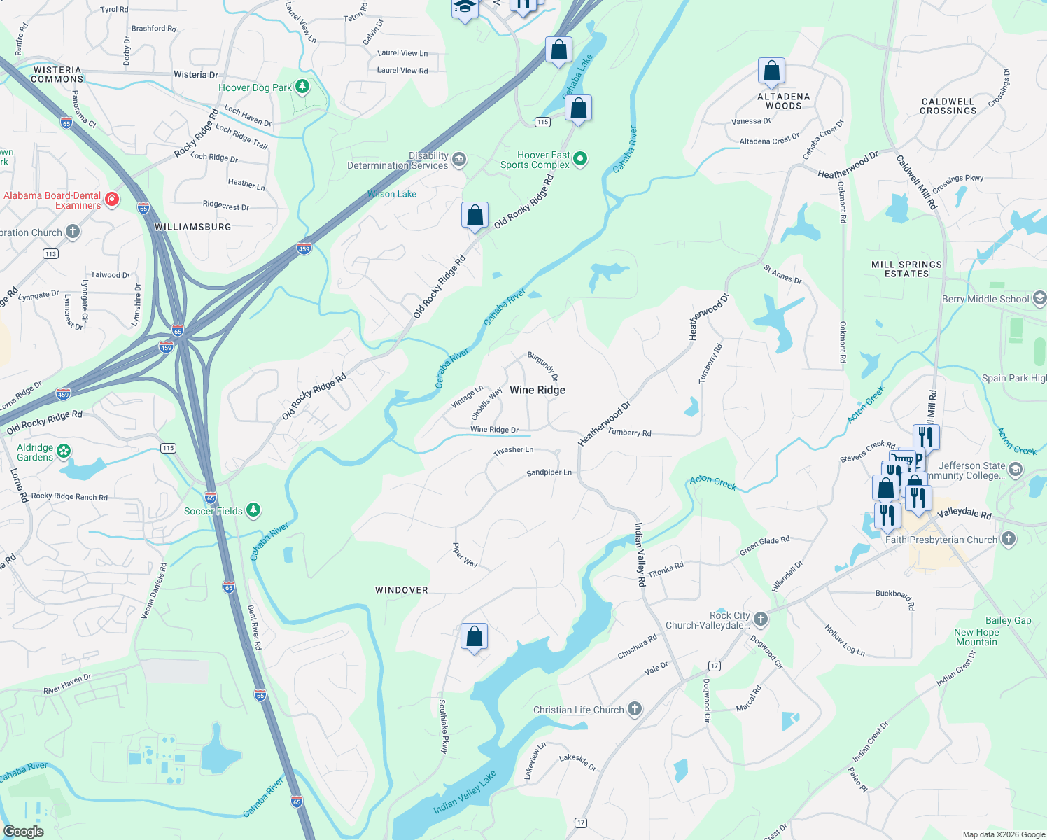 map of restaurants, bars, coffee shops, grocery stores, and more near 4727 Vintage Lane in Birmingham