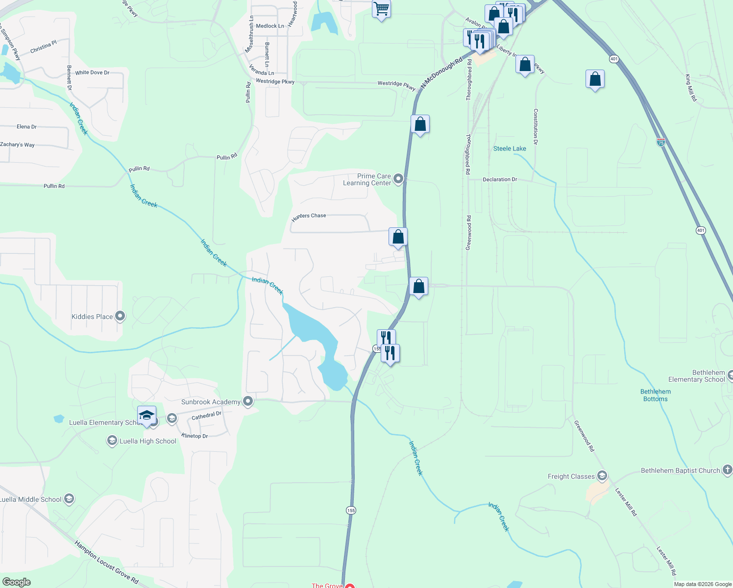 map of restaurants, bars, coffee shops, grocery stores, and more near 188 Lossie Ln in McDonough
