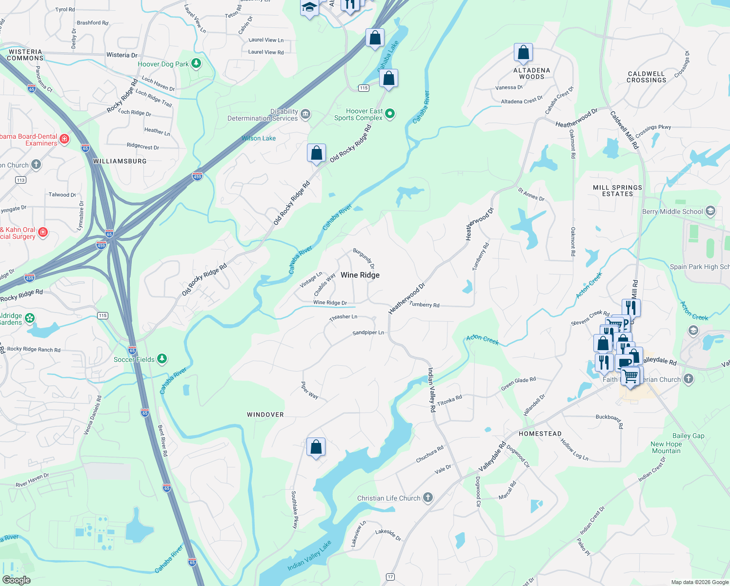 map of restaurants, bars, coffee shops, grocery stores, and more near 4729 Sylvaner Lane in Birmingham