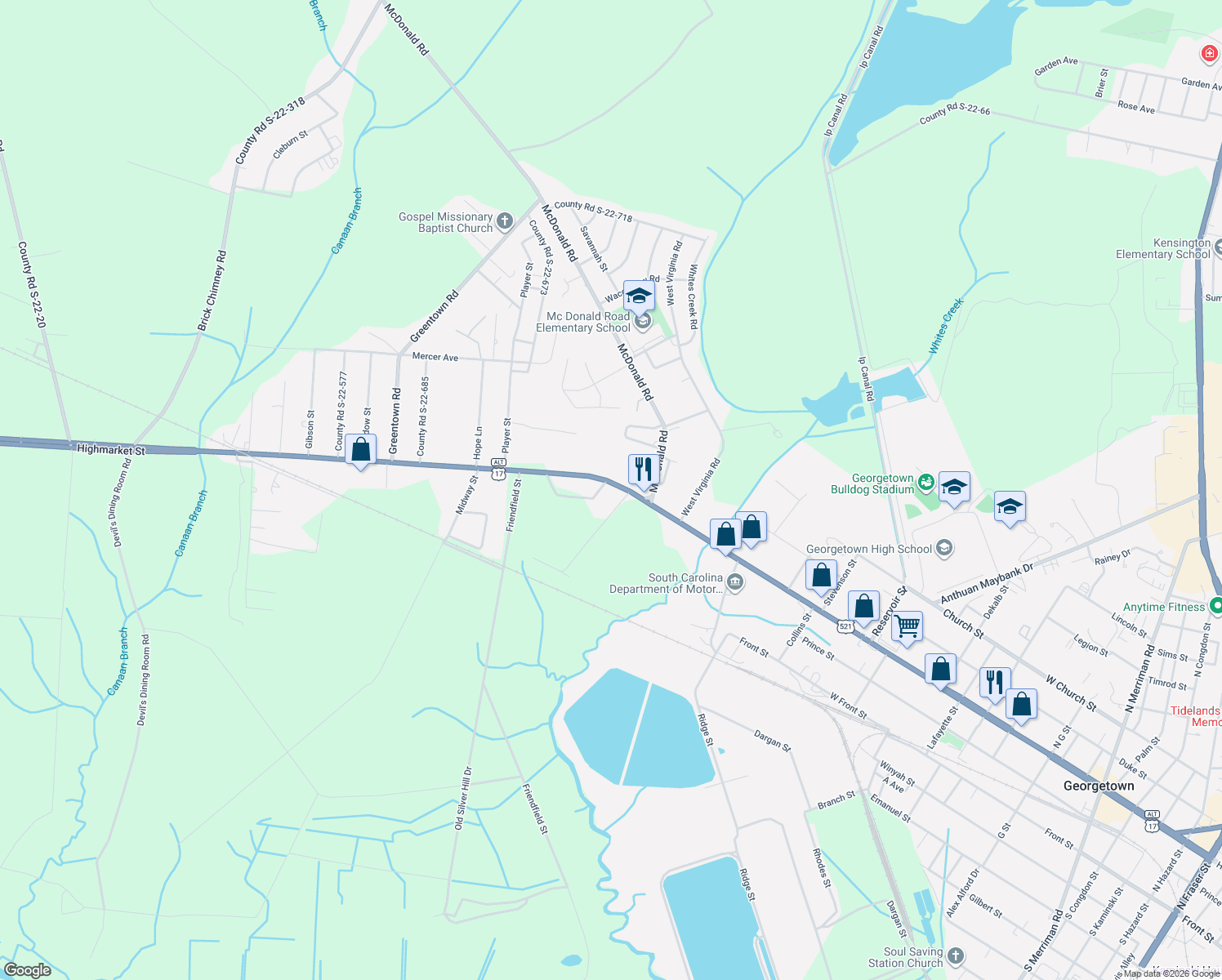 map of restaurants, bars, coffee shops, grocery stores, and more near 3431 Highmarket Street in Georgetown